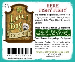 lucky dog cuisine, here fishy fishy dog food, fish dog food